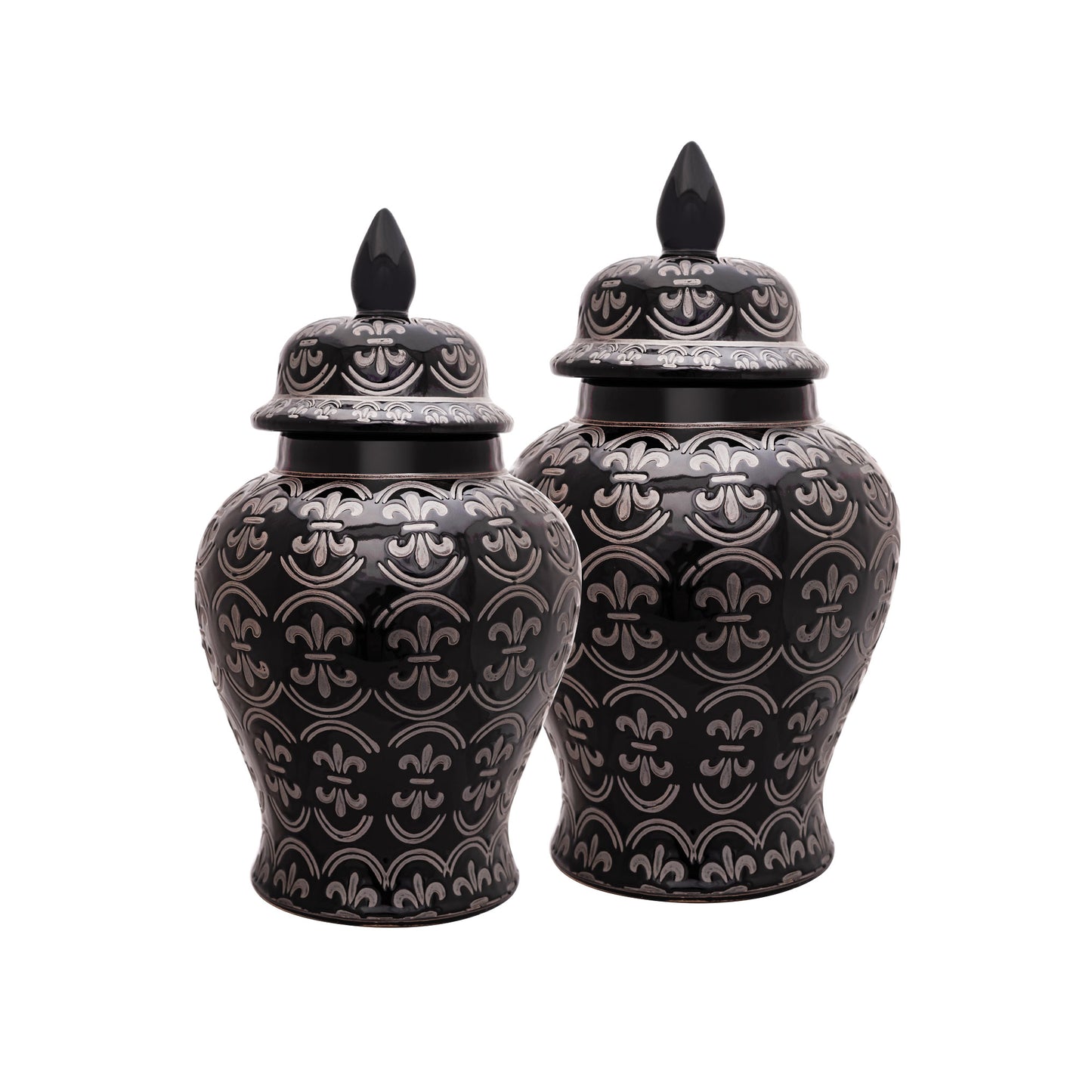 Decorative Round 14" & 18" Ginger Jar Black & Silver Combo