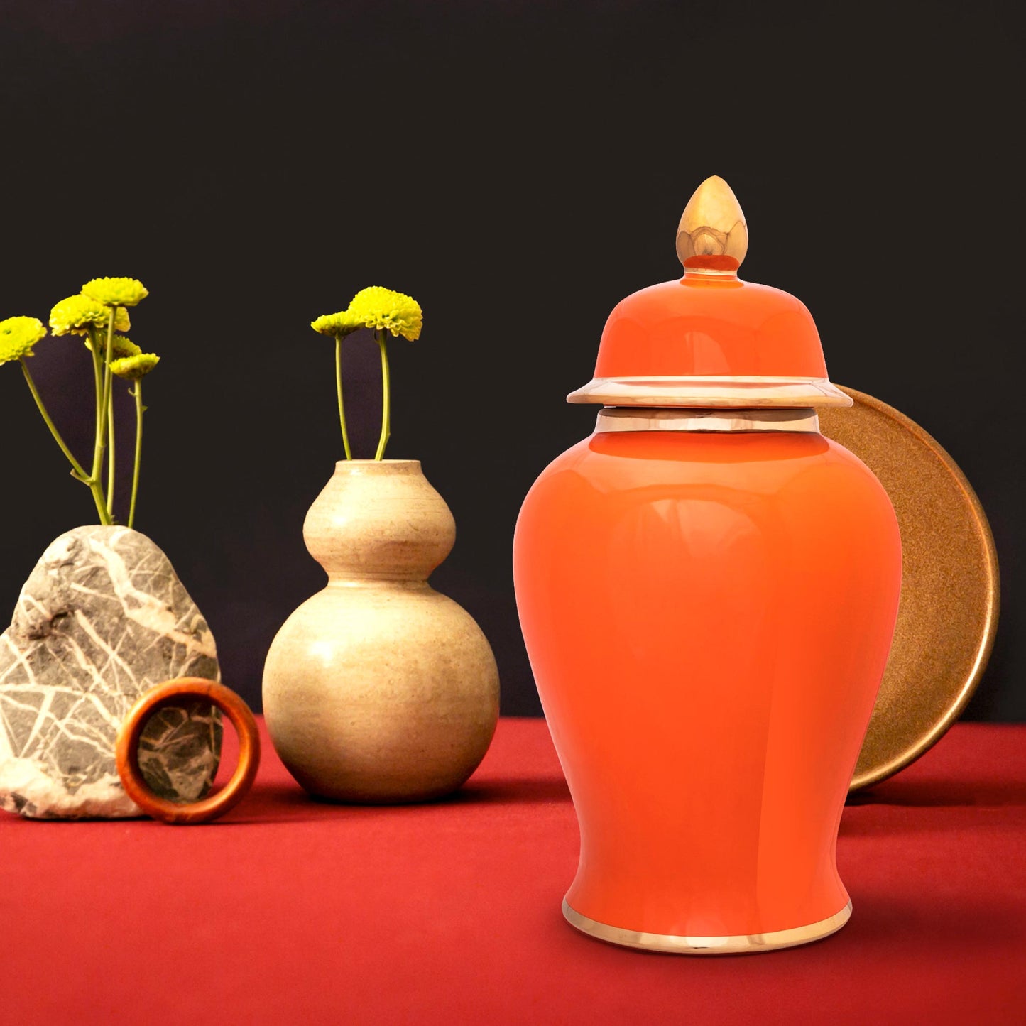 Decorative Round 18'' Ginger Jar Orange With Gold