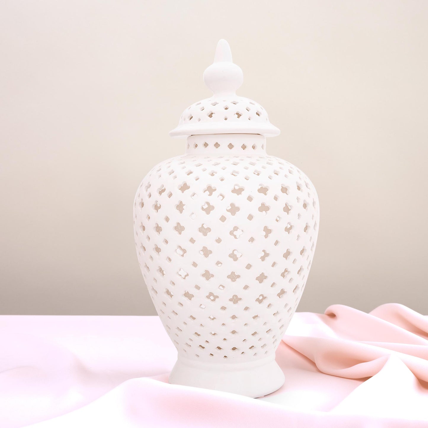 Decorative Round Netted Ceramic 20'' Ginger Jar White