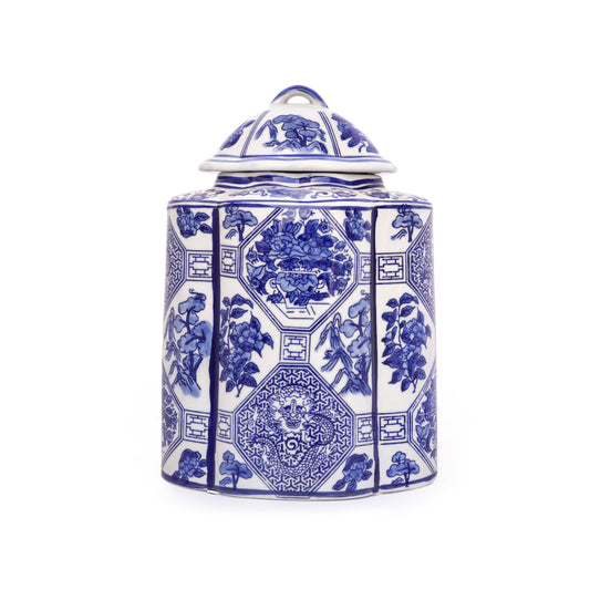 Decorative Hexagonal 14" Ginger Jar With Lid Blue & White