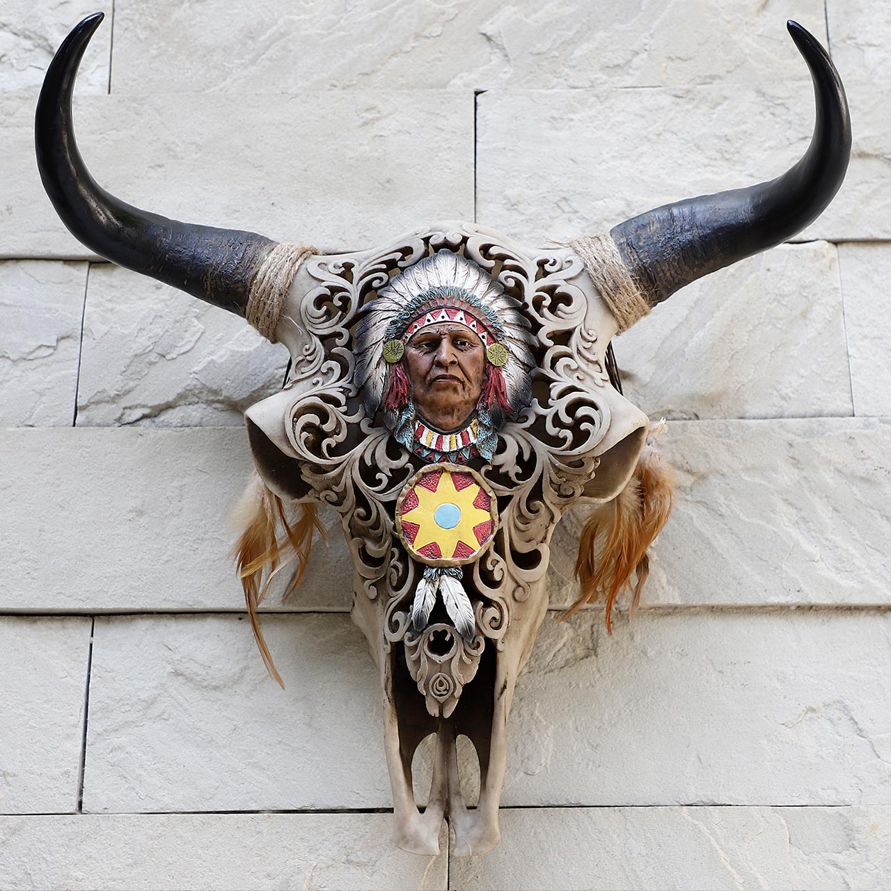 Bull Skull Trophy with Indian Chief Engraving