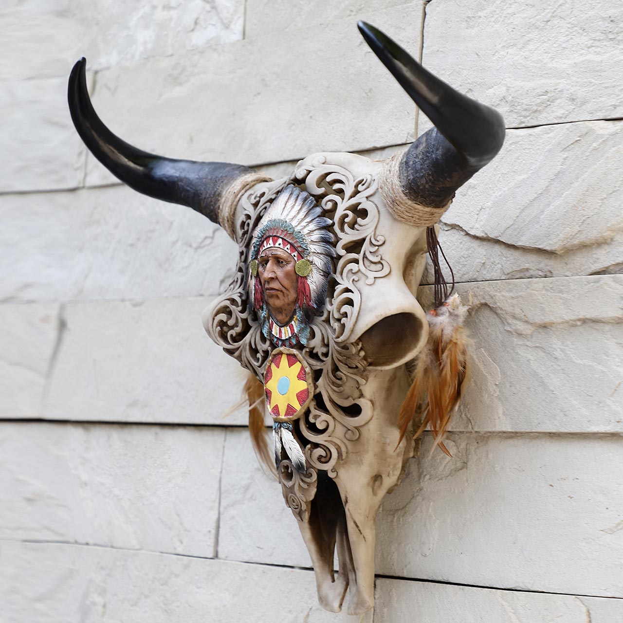 Bull Skull Trophy with Indian Chief Engraving