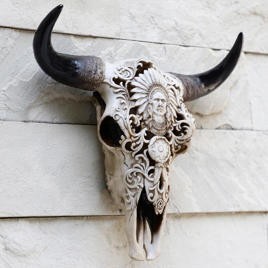 Bull Skull Trophy With Indian Chief Engraving